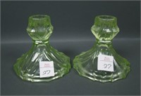 Sowerby Deco Uranium Glass Squatty Candlesticks
