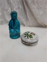 Asian style statue and trinket round bowl with lid