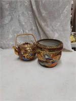 Hand painted Asian style tea pot and bowl