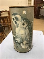 Vintage Tin Trash Can Waste Bin Owls