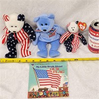 3 Independence Day "Spangle" Beanie Bears + Book