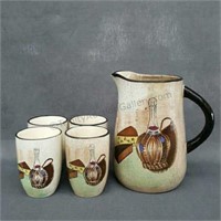 1960's Clay Pottery Water Pitcher and Tumblers