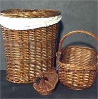 Dark toned toned wood hamper and baskets