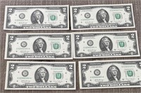 (6) consecutive serial number two dollar bills