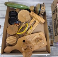 TRAY OF WOODEN CARVED TOYS, INSTRUMENTS