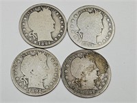 4 Barber Quarter 1892 Silver Coins