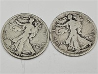 2- 1917D Silver Walking Liberty Half Dollar Coins