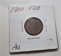 1909 VDB Lincoln 1 Cent Coin  AU