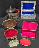 5 Metal Jewelry Boxes Lined