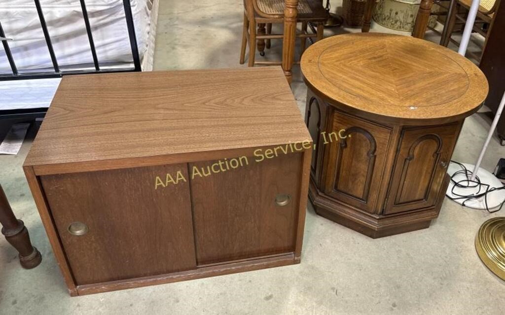 Mid century laminate file cabinet, round wood end