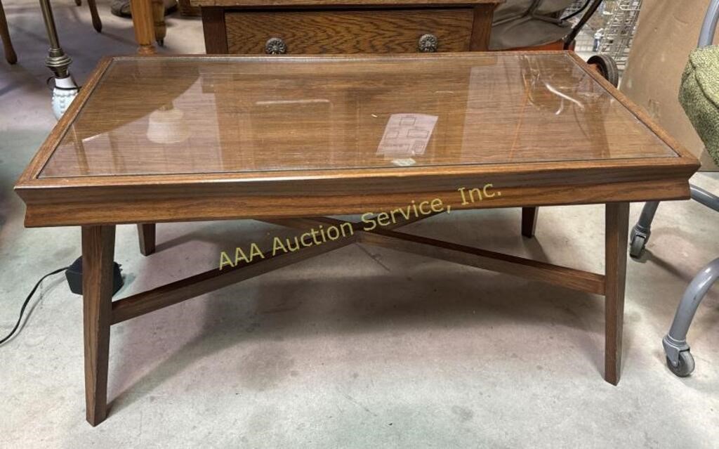 Mid century style oak coffee table with glass