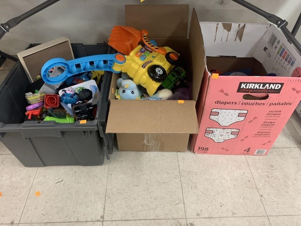 1 tote and 2 boxes of toys