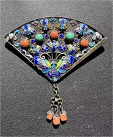 Flower Silk Inlaid Fan shaped brooch