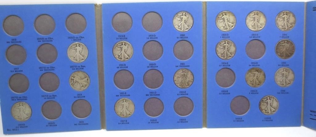 15 Walking Liberty silver half dollars in book