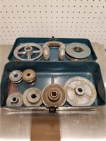 LOT OF PULLEYS W/ TOOL BOX