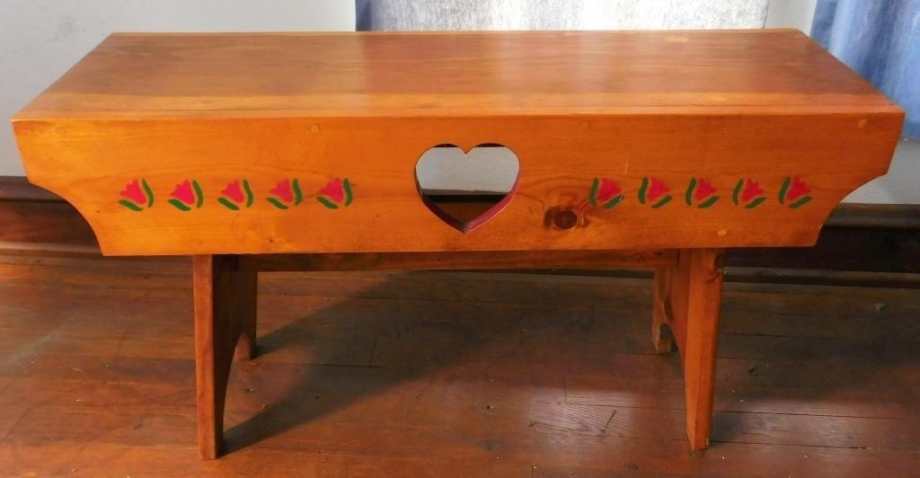 Country Pine Bench w Hearts & Tulips