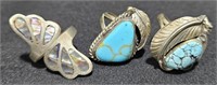 3 Sterling Silver Rings w Turquoise & MOP