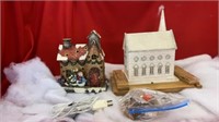 2 BUILDINGS, CHURCH AND HOUSE SNOW VILLAGE WITH
