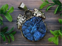 CARVED LABRADORITE DEER PENDANT WITH INTRICATE TOO