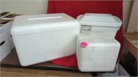 3 STYROFOAM COOLERS- 2 THERMOSES- WAIST CAN