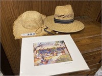 2 STRAW HATS & SIGNED WATER COLOR