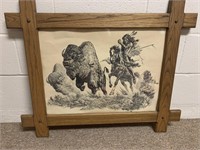 Framed Indian Hunt scene 32 1/2" x 26 1/2"