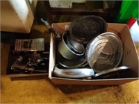 2 boxes of pots, pans, kitchen utensils