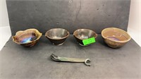 Pottery decorative bowls 5in 6in & spoon 7.5in