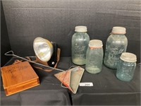 Ball Jars Zinc Lids, Vintage Camera & Dust Pan.