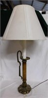 Brass & wood table lamp w/ fabric shade, 35" tall
