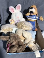 Box of stuffed animals, the Vandy horse, a rabbit