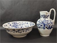 Jesso Large Chinese Blue Porcelain Bowl Pitcher