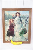 Vintage Framed Victorian Girls & Snowman Print