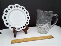 Heavy Glass Water Pitcher and Milk Glass Saucer