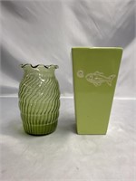 PAIR OF GREEN VASES. GLASS 6.5 INCHES AND GLAZED