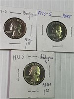 1971-s, 72-s, 73-s, Proof Wash Quarters x3
