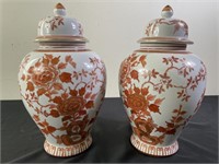 Hand Painted Orange Floral Ginger Jars (2)