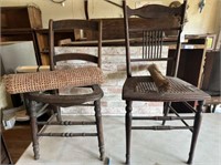 2 WOODEN DINING ROOM CHAIRS, 1 WITH CANE