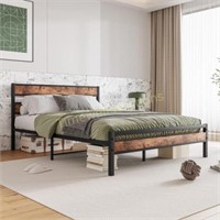 Queen Metal Bed Frame with Wood Headboard