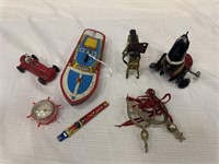 Vintage Toy Lot: Metal Boat, Windup; whistle,