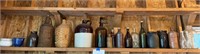 Shelf of Vintage Crocks, Jugs, Bottles