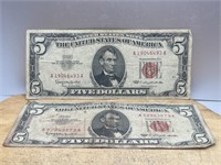 TWO 1963 Red Seal $5 Dollar Bills United Stated
