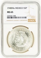 Coin 1948Mo Mexico Silver 5 Pesos-NGC MS65