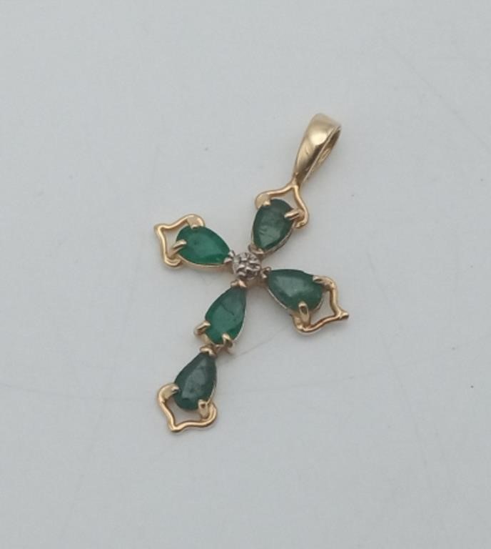 14K Yellow Gold Genuine Emerald Cross Pendant