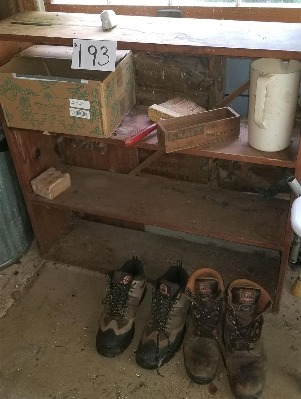 Wood Shelves & Contents, Steel Toe Boots Size 13