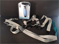 Dog leash, harness and deshedding brush