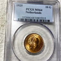 1925 Netherlands Gold 10 Gulden PCGS - MS64