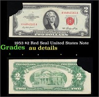 1953 $2 Red Seal United States Note Grades AU Deta