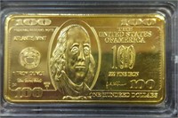 24k gold-plated $100 1oz bar