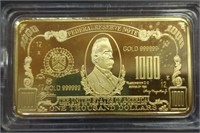 24k gold-plated $1000 1oz bar